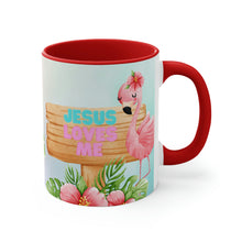 Load image into Gallery viewer, Jesus Loves Me Flamingo Coffee Mug - 11oz {Navy Blue/Red/Pink/Green}