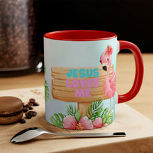 Load image into Gallery viewer, Jesus Loves Me Flamingo Coffee Mug - 11oz {Navy Blue/Red/Pink/Green}