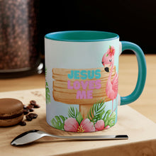 Load image into Gallery viewer, Jesus Loves Me Flamingo Coffee Mug - 11oz {Navy Blue/Red/Pink/Green}