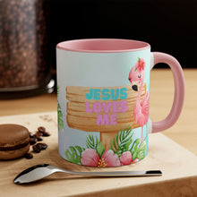Load image into Gallery viewer, Jesus Loves Me Flamingo Coffee Mug - 11oz {Navy Blue/Red/Pink/Green}