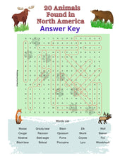 Load image into Gallery viewer, Printable Word Find - 20 Animals Found in North America , 1 Color Puzzle, 1 Answer Key - 8.5" x 11" - Fun Education Printables