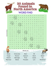 Load image into Gallery viewer, Printable Word Find - 20 Animals Found in North America , 1 Color Puzzle, 1 Answer Key - 8.5" x 11" - Fun Education Printables