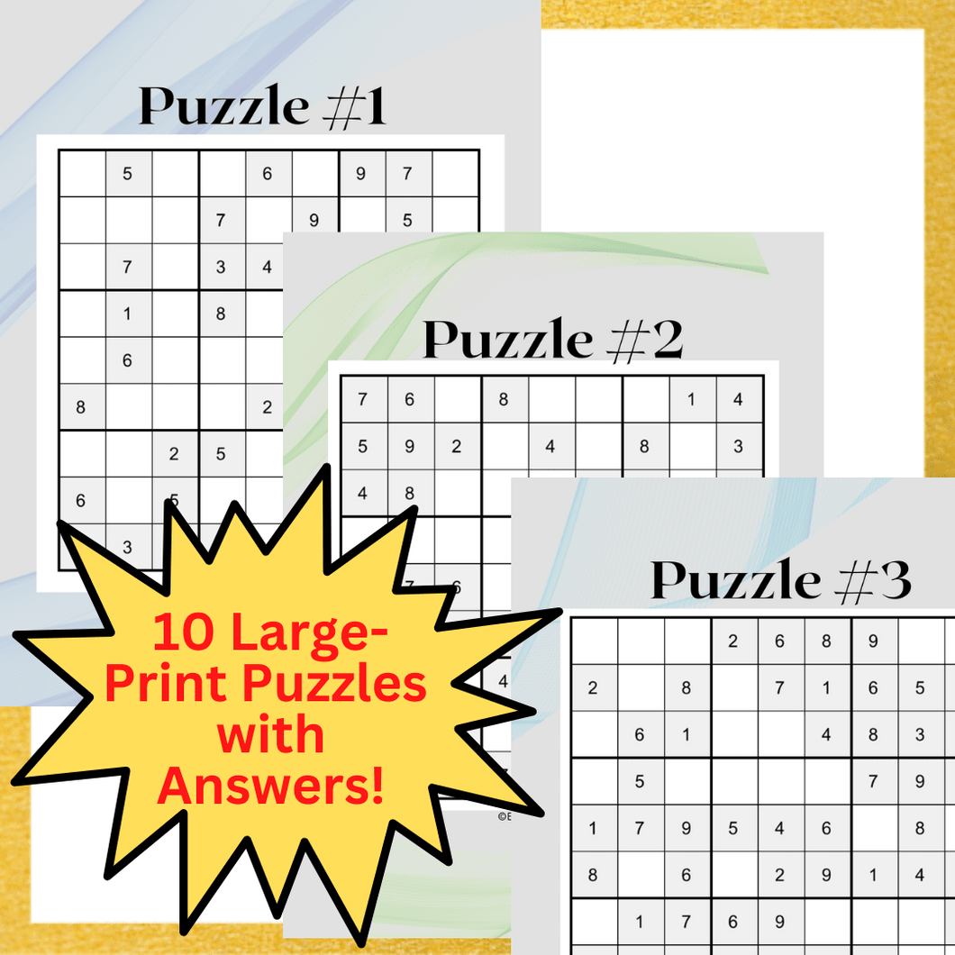 FREE!  10 Large Print Sudoku Puzzle for Teens, Adults, Seniors (20 pages)