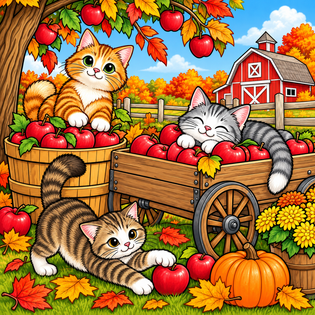FREE Autumn Cats Coloring Page – Cute Fall Kittens, Apples & Farm Scene | Printable PDF