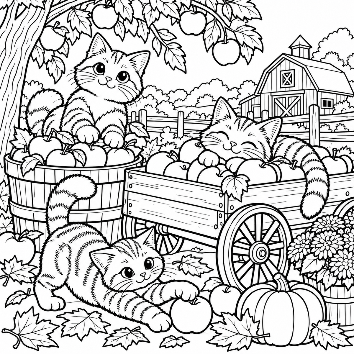 FREE Autumn Cats Coloring Page – Cute Fall Kittens, Apples & Farm Scene | Printable PDF