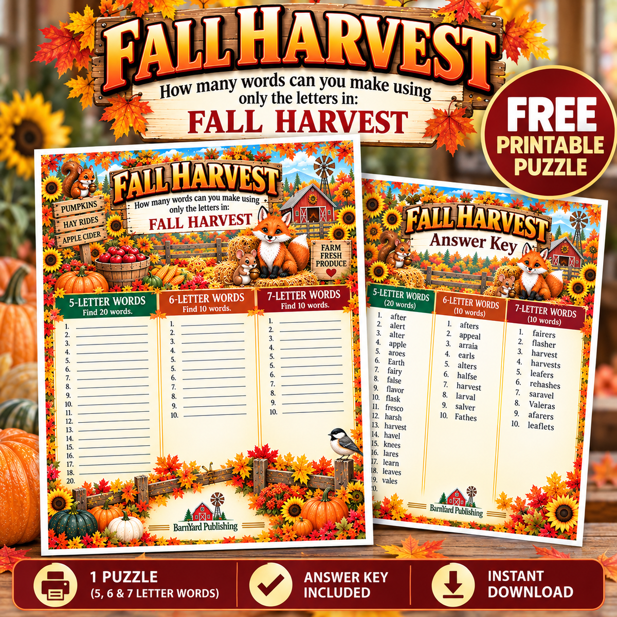 FREE!  1 Fall Harvest Word Puzzle with Answer Key