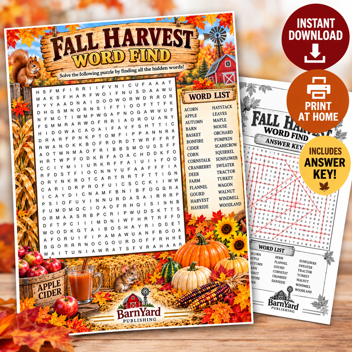 FREE!  1 Fall Harvest Word Find with Answer Key