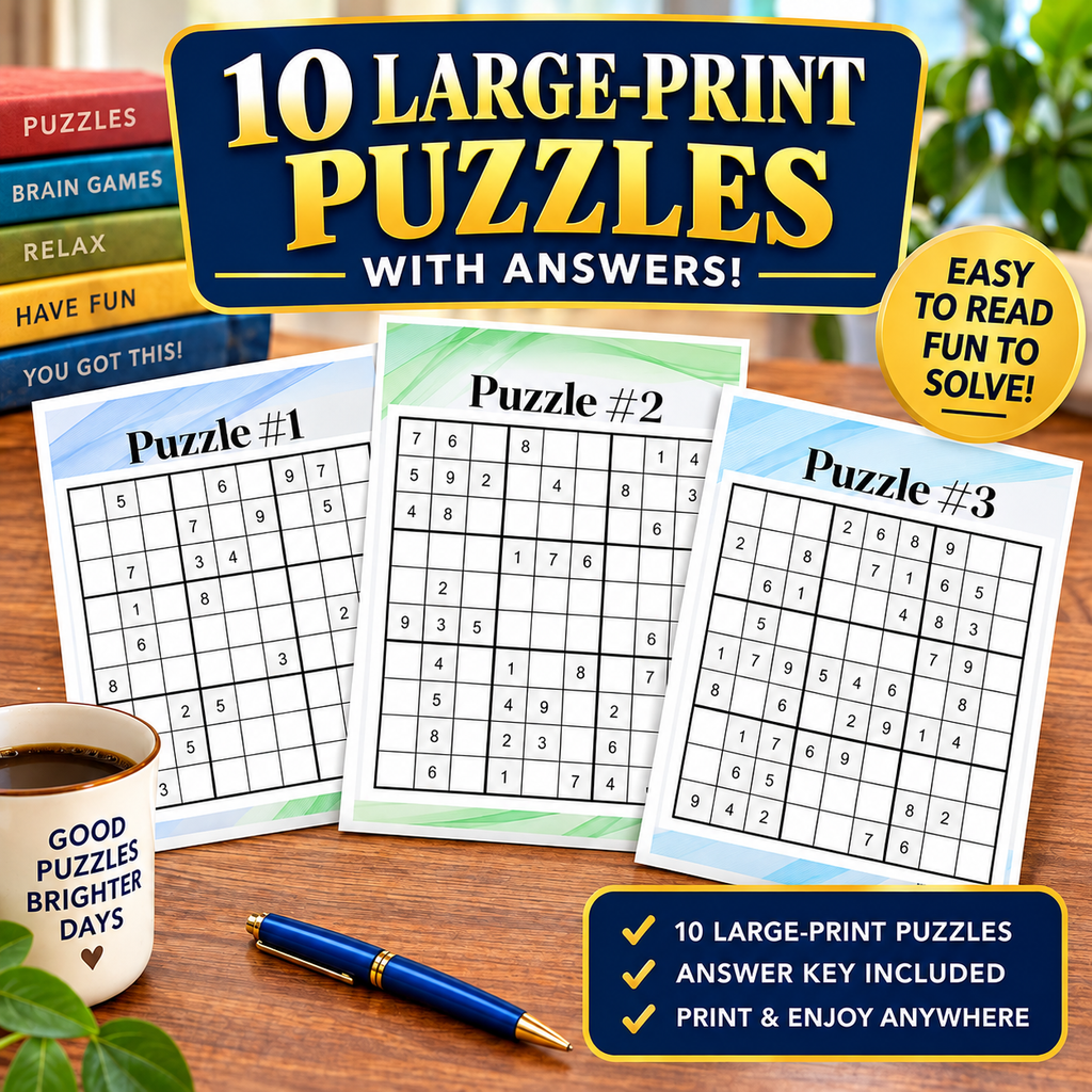 FREE!  10 Large Print Sudoku Puzzle for Teens, Adults, Seniors (20 pages)