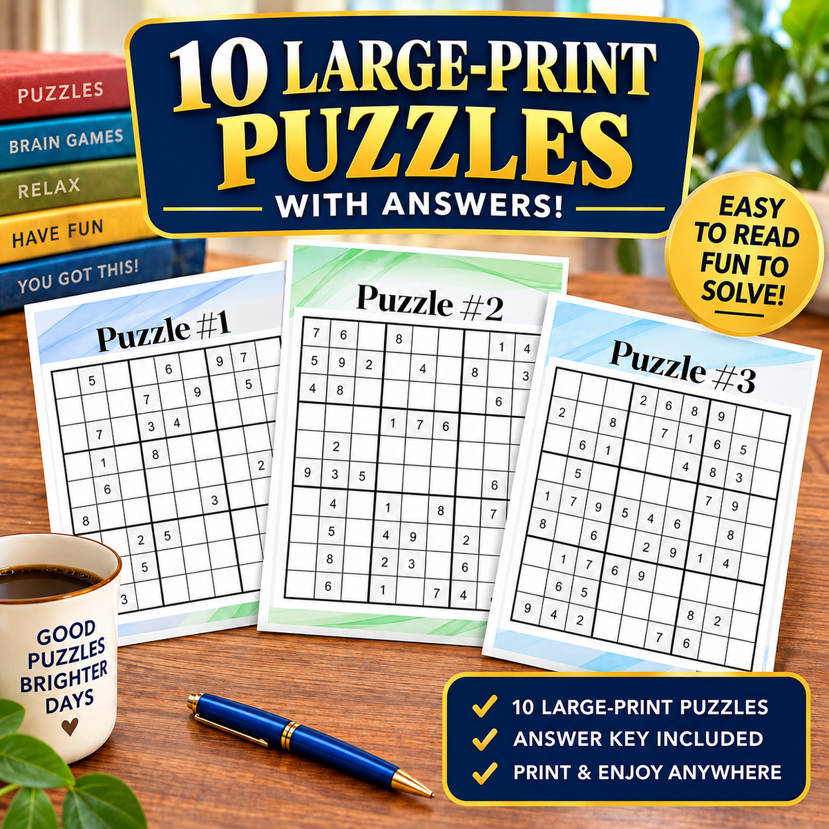 FREE!  10 Large Print Sudoku Puzzle for Teens, Adults, Seniors (20 pages)