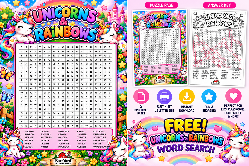 FREE! Unicorns & Rainbows Word Search with Answer Key – 3 Printable Pages
