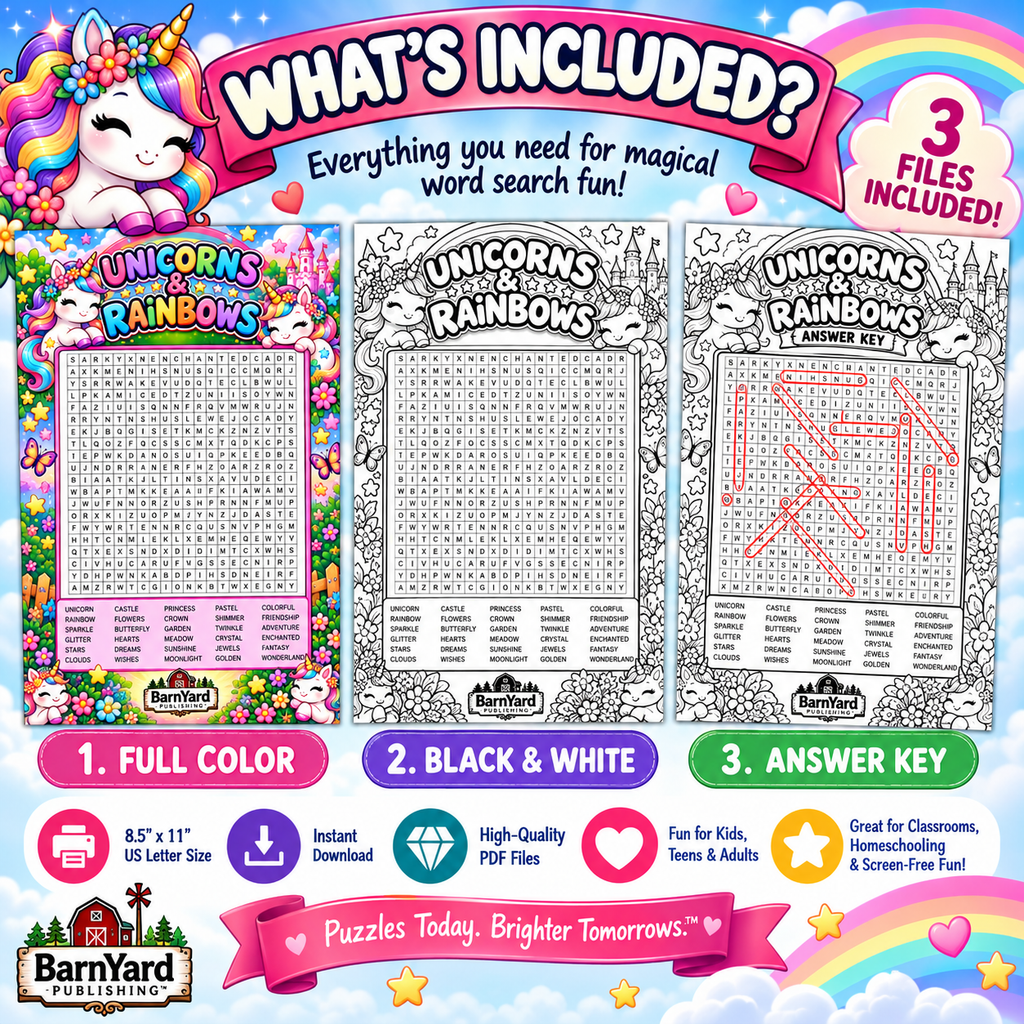 FREE! Unicorns & Rainbows Word Search with Answer Key – 3 Printable Pages