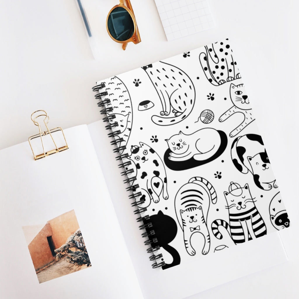 Cute Cats (Black and White) Spiral Notebook - Ruled Line | Cat Lover Journal | Best Cat Lover Gift