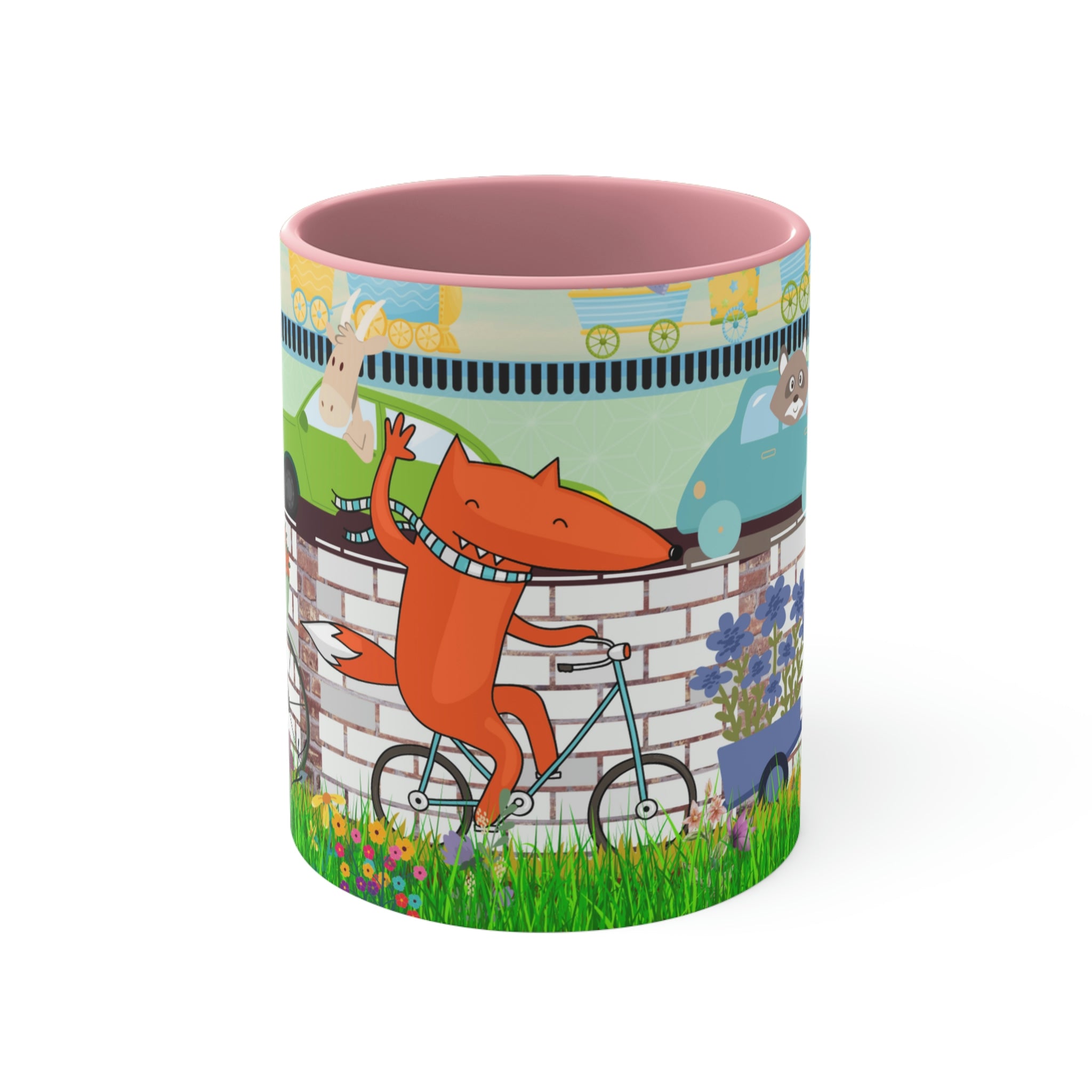 "Daily Commute"  - 11oz {Navy Blue/Red/Pink/Green}  | Forest Animals | Fox | Bear| Rabbit on Bicycles