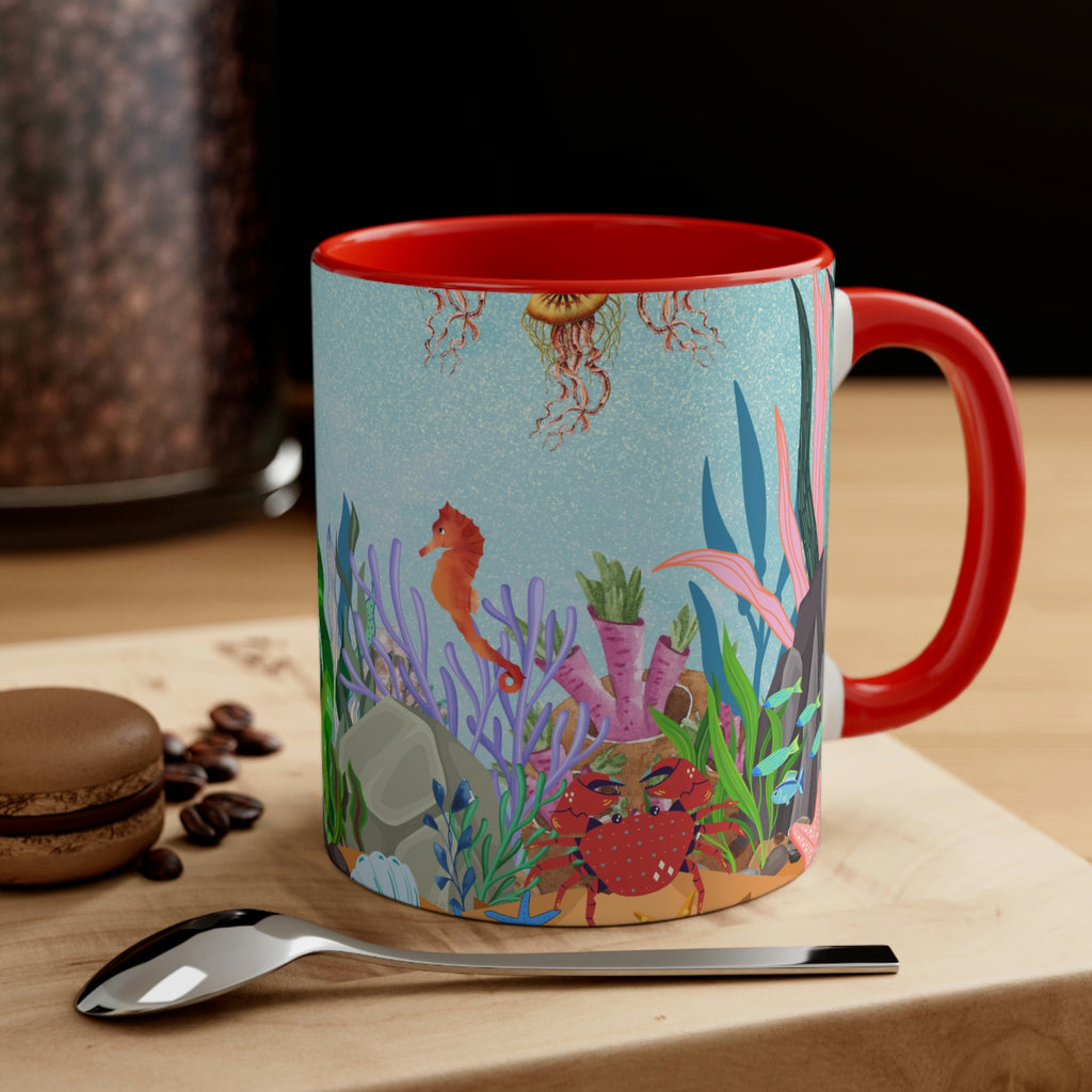 Ocean Floor Seascape - (Red/Navy/Light Blue/Pink/Black Interior) 11oz Coffee Mug - | Perfect Gift For Mom | Ocean | Ocean Themed