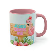 Load image into Gallery viewer, Jesus Loves Me Flamingo Coffee Mug - 11oz {Navy Blue/Red/Pink/Green}
