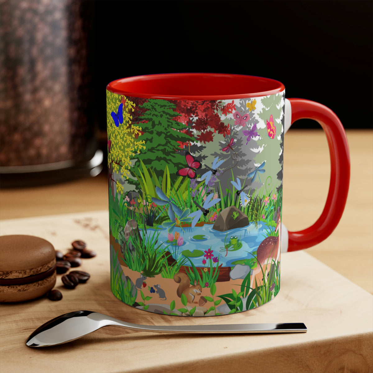 Forest Friends - Bear and Fox Coffee Mug, 11oz {Navy Blue/Red/Pink/Green}  | Forest Animals | Wildlife Coffee Mug