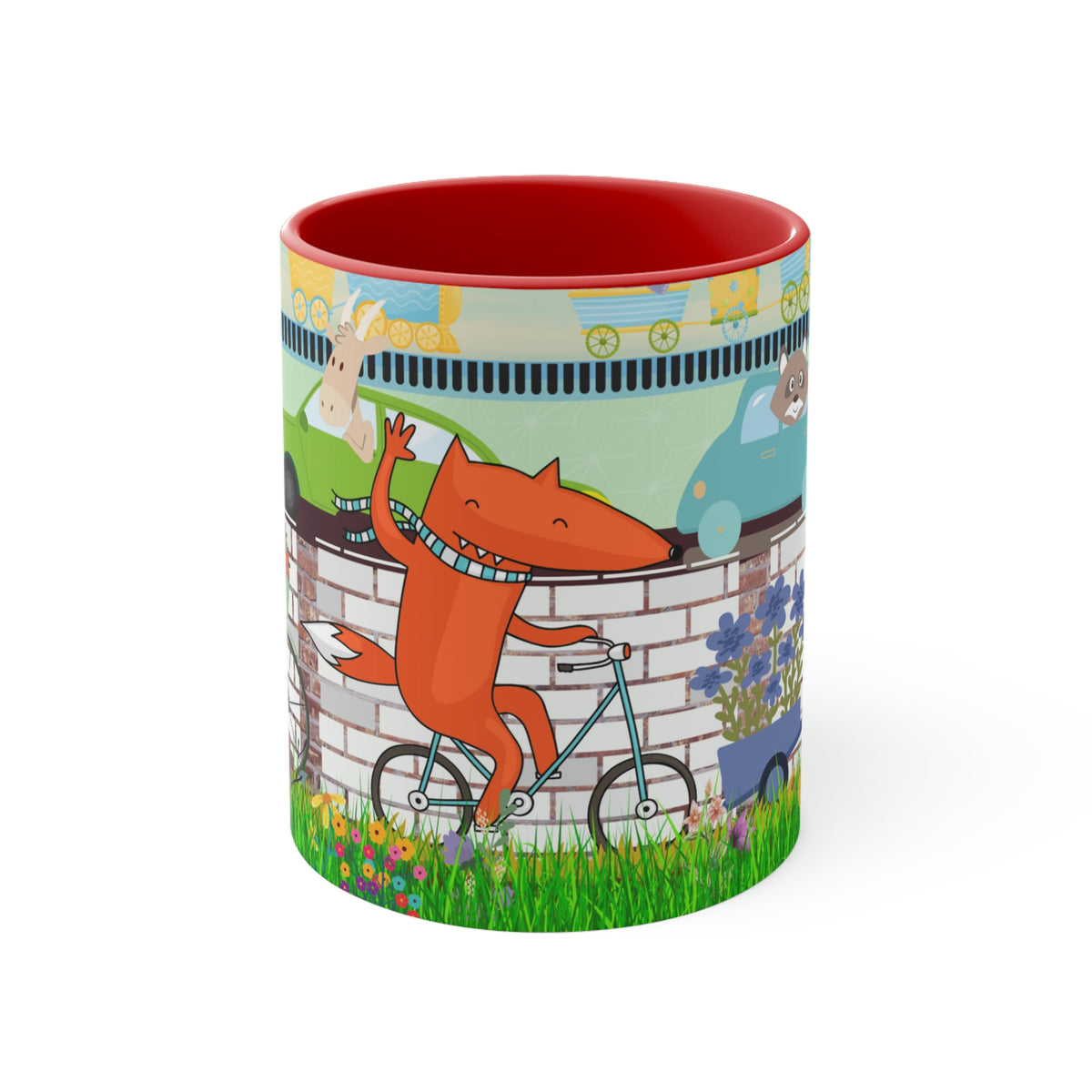 "Daily Commute"  - 11oz {Navy Blue/Red/Pink/Green}  | Forest Animals | Fox | Bear| Rabbit on Bicycles
