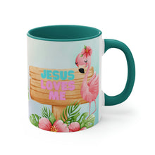 Load image into Gallery viewer, Jesus Loves Me Flamingo Coffee Mug - 11oz {Navy Blue/Red/Pink/Green}
