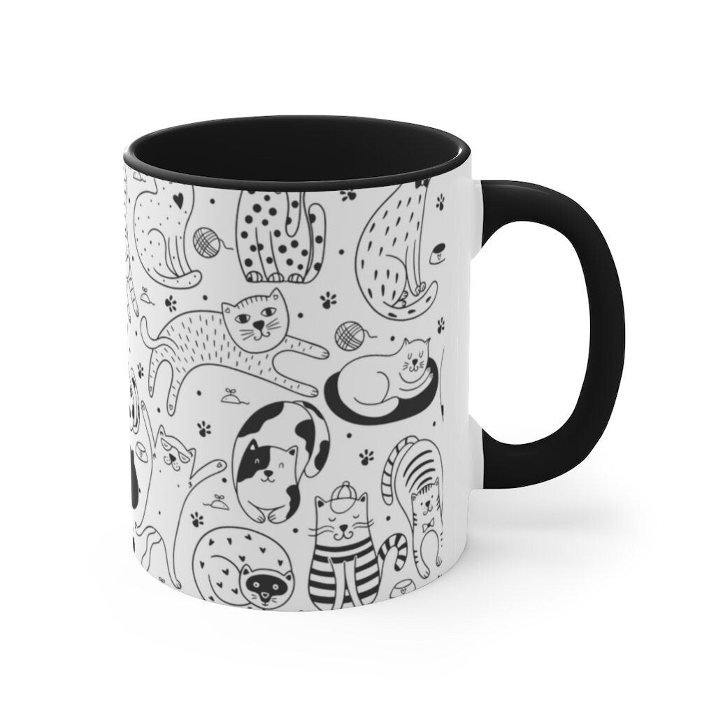Black and White Cute CATS {Black}  Funny Coffee Mug, 11oz | Funny Gift | Funny Coffee Mug
