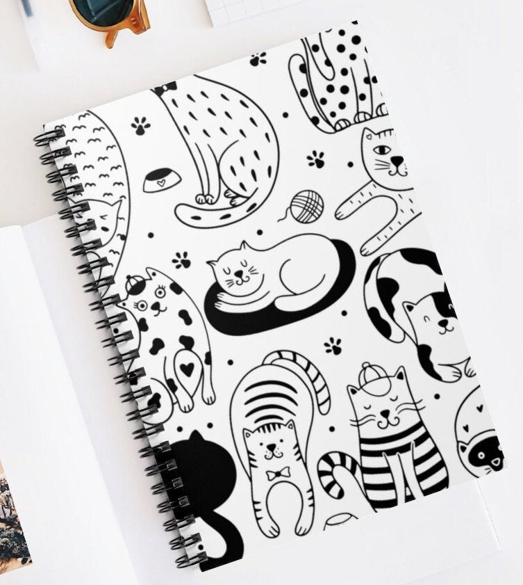 Cute Cats (Black and White) Spiral Notebook - Ruled Line | Cat Lover Journal | Best Cat Lover Gift