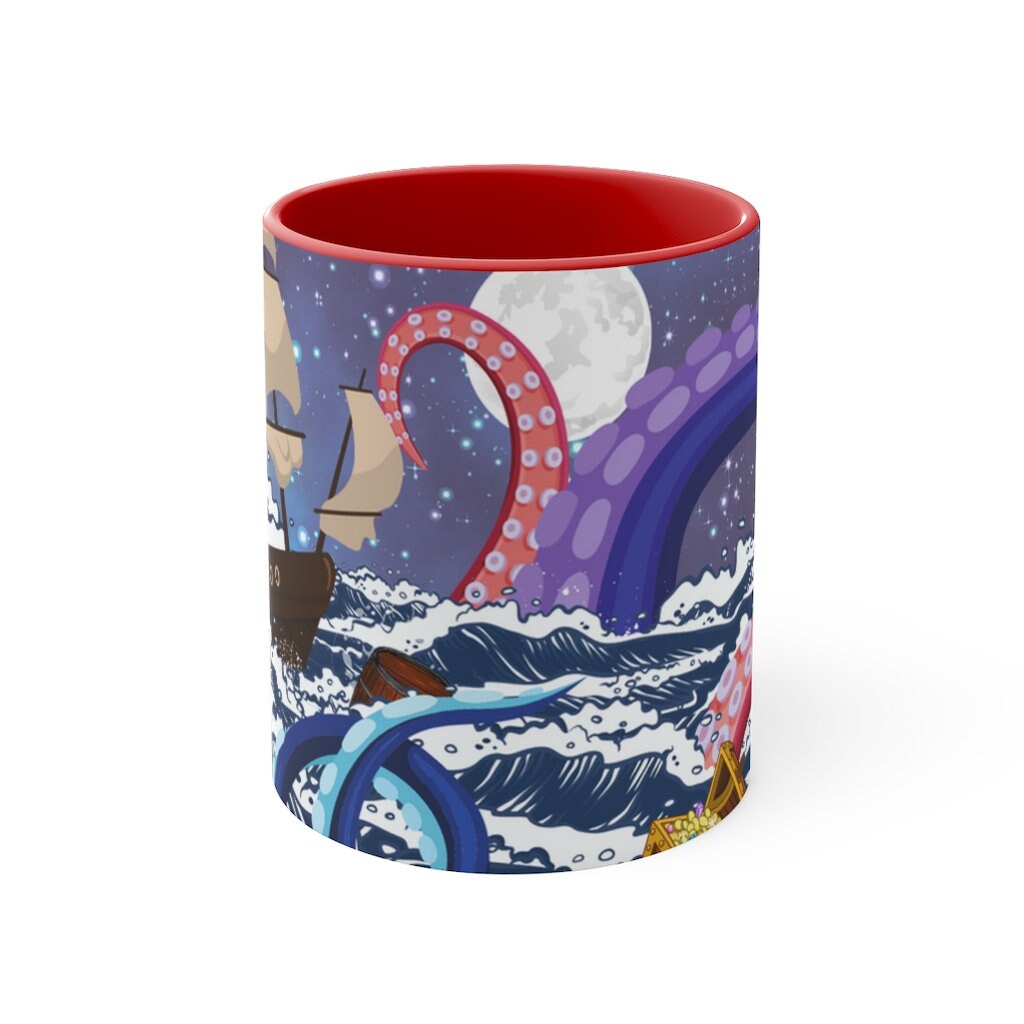 Not So Jolly Roger Sea Creature Coffee Mug, 11oz {Navy Blue/Red/Pink/Green}  | Ocean Life | Sea Creature Coffee Mug | Kraken Coffee Mug