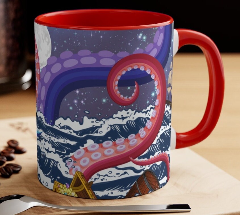 Not So Jolly Roger Sea Creature Coffee Mug, 11oz {Navy Blue/Red/Pink/Green}  | Ocean Life | Sea Creature Coffee Mug | Kraken Coffee Mug