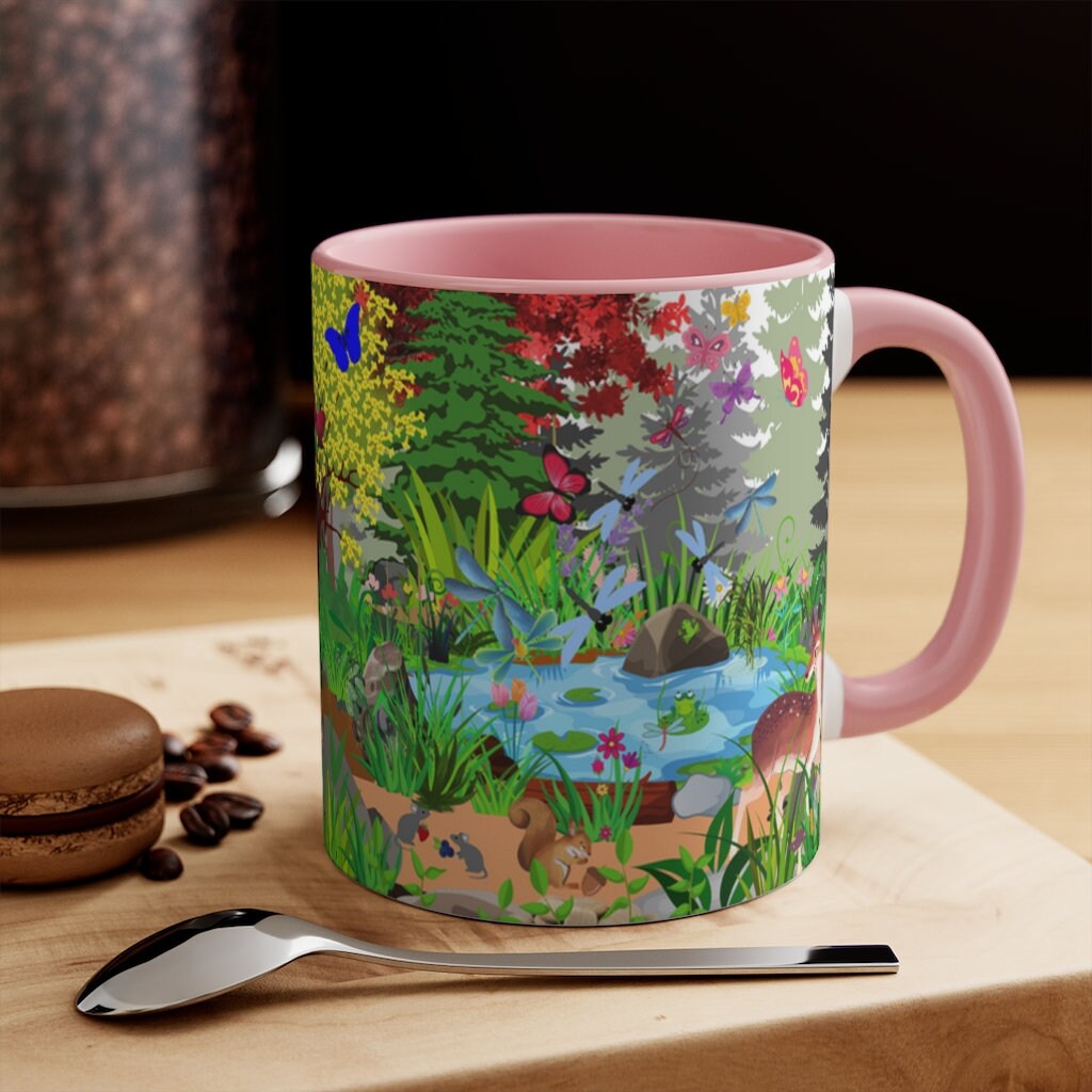 Forest Friends - Bear and Fox Coffee Mug, 11oz {Navy Blue/Red/Pink/Green}  | Forest Animals | Wildlife Coffee Mug