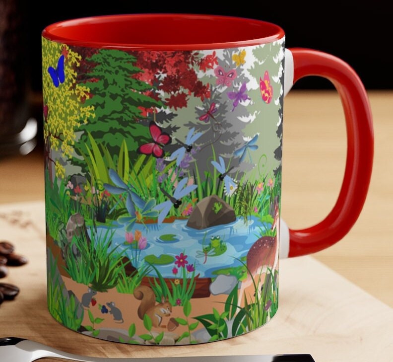 Forest Friends - Bear and Fox Coffee Mug, 11oz {Navy Blue/Red/Pink/Green}  | Forest Animals | Wildlife Coffee Mug