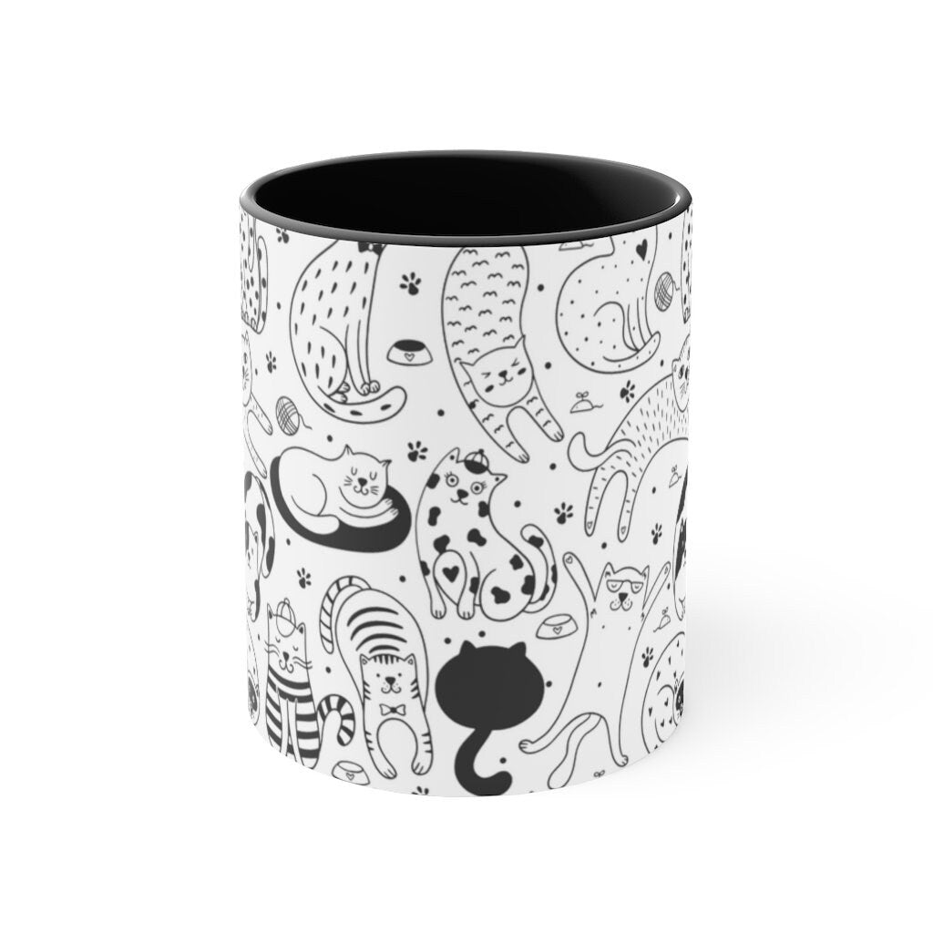 Black and White Cute CATS {Black}  Funny Coffee Mug, 11oz | Funny Gift | Funny Coffee Mug