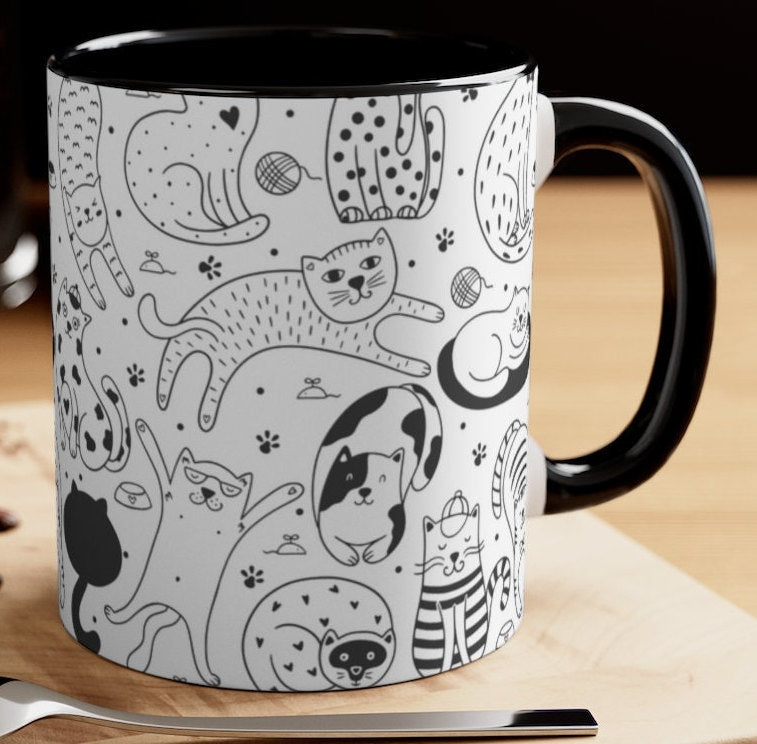 Black and White Cute CATS {Black}  Funny Coffee Mug, 11oz | Funny Gift | Funny Coffee Mug
