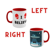 Load image into Gallery viewer, I Believe -Cow Alien Abduction -{Red/Navy/Black} Funny Coffee Mug, 11oz | Funny Gift | Funny Coffee Mug | Funny Alien Mug
