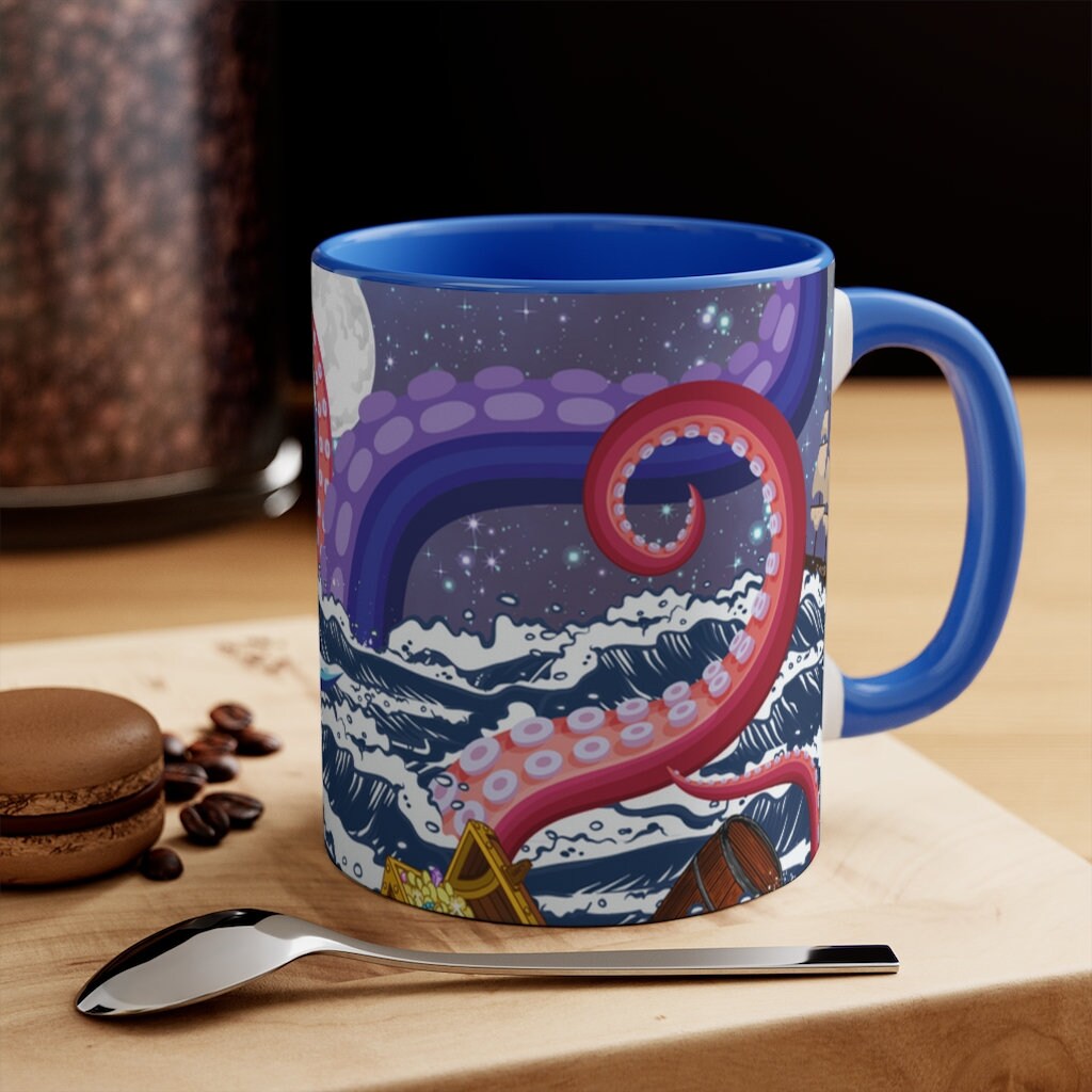 Not So Jolly Roger Sea Creature Coffee Mug, 11oz {Navy Blue/Red/Pink/Green}  | Ocean Life | Sea Creature Coffee Mug | Kraken Coffee Mug