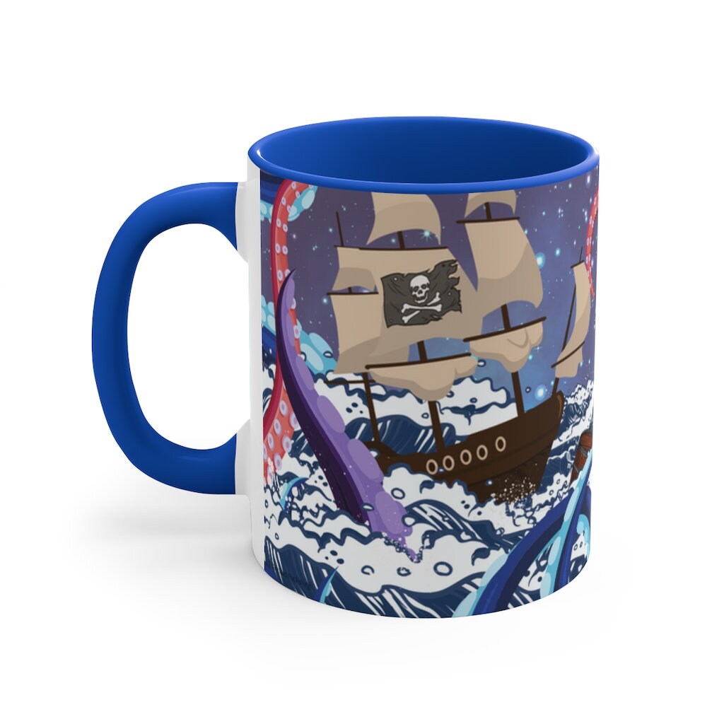 Not So Jolly Roger Sea Creature Coffee Mug, 11oz {Navy Blue/Red/Pink/Green}  | Ocean Life | Sea Creature Coffee Mug | Kraken Coffee Mug