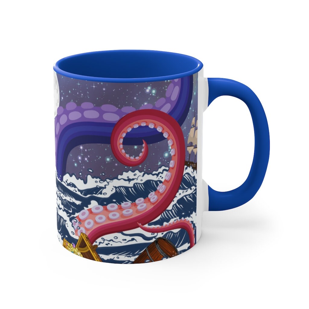 Not So Jolly Roger Sea Creature Coffee Mug, 11oz {Navy Blue/Red/Pink/Green}  | Ocean Life | Sea Creature Coffee Mug | Kraken Coffee Mug