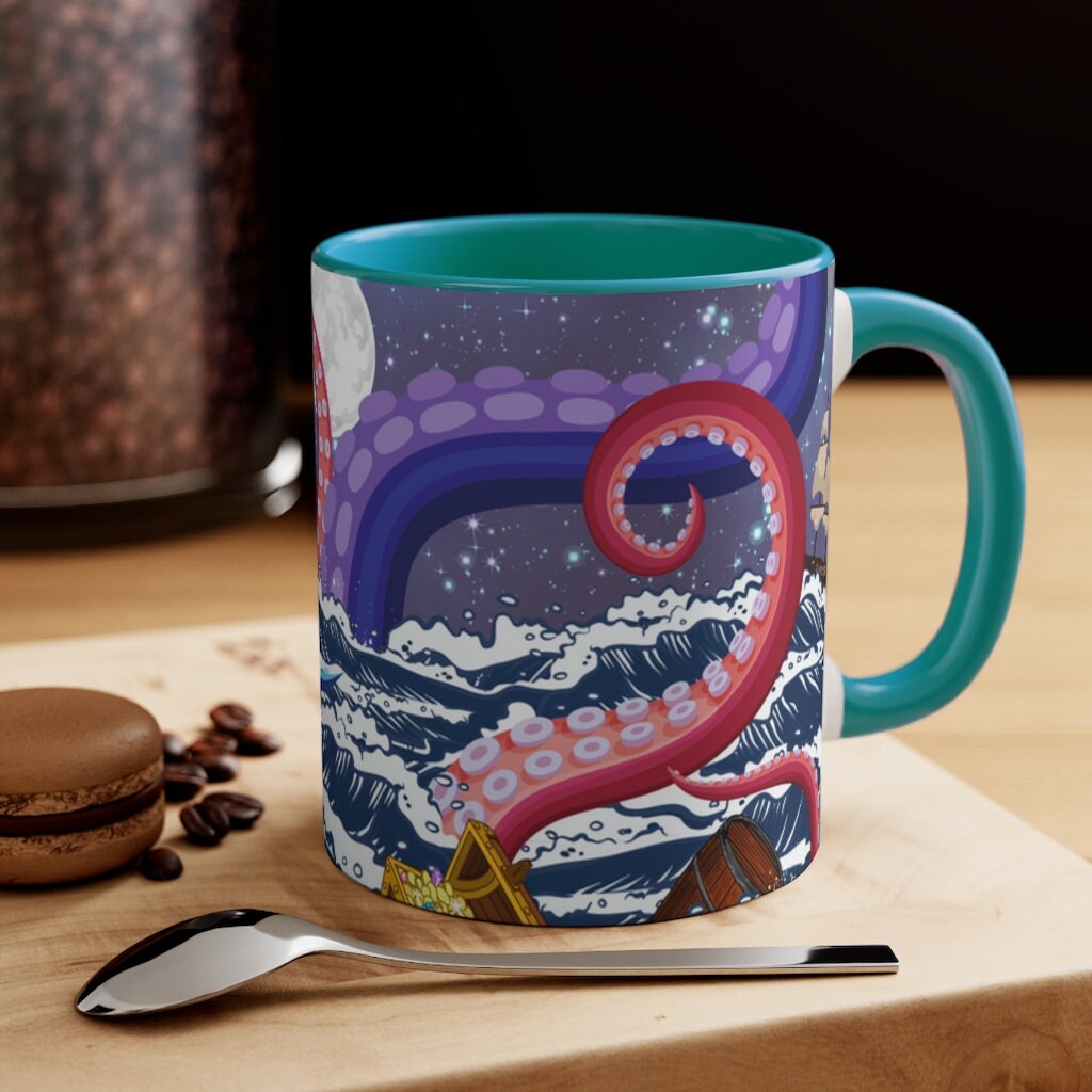 Not So Jolly Roger Sea Creature Coffee Mug, 11oz {Navy Blue/Red/Pink/Green}  | Ocean Life | Sea Creature Coffee Mug | Kraken Coffee Mug