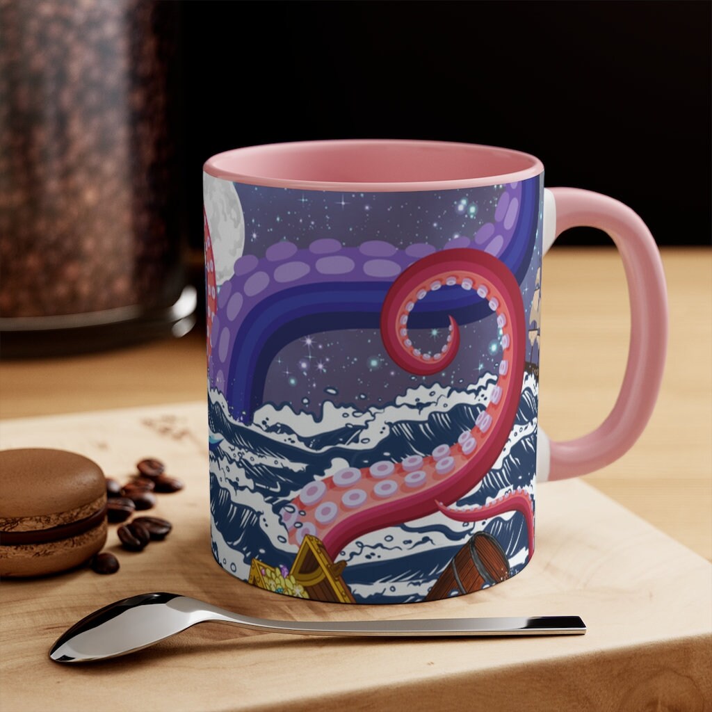 Not So Jolly Roger Sea Creature Coffee Mug, 11oz {Navy Blue/Red/Pink/Green}  | Ocean Life | Sea Creature Coffee Mug | Kraken Coffee Mug