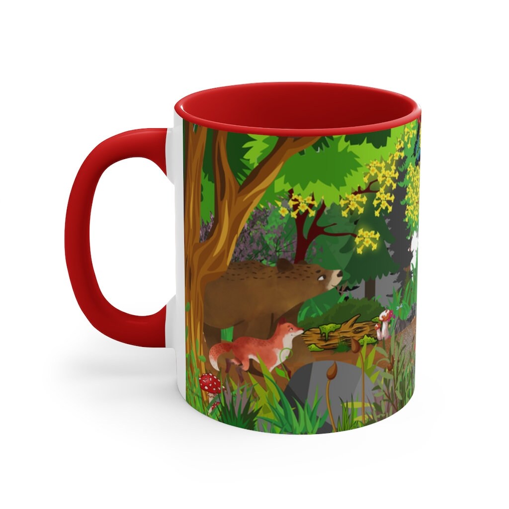 Forest Friends - Bear and Fox Coffee Mug, 11oz {Navy Blue/Red/Pink/Green}  | Forest Animals | Wildlife Coffee Mug
