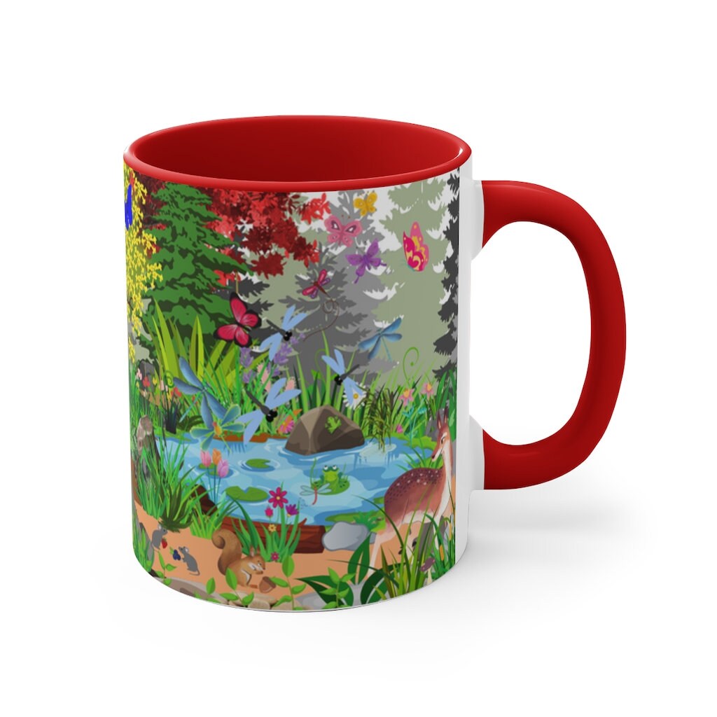 Forest Friends - Bear and Fox Coffee Mug, 11oz {Navy Blue/Red/Pink/Green}  | Forest Animals | Wildlife Coffee Mug