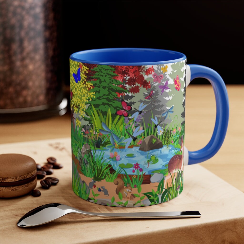 Forest Friends - Bear and Fox Coffee Mug, 11oz {Navy Blue/Red/Pink/Green}  | Forest Animals | Wildlife Coffee Mug