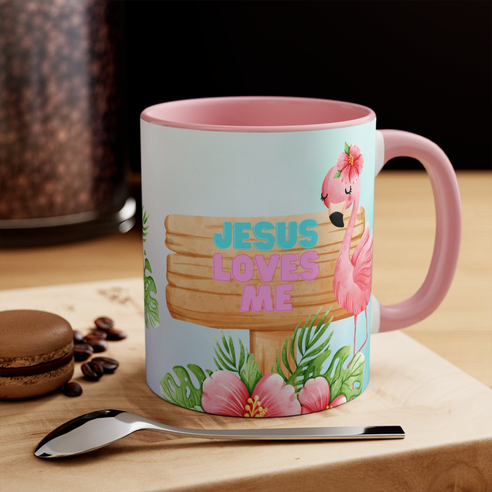 Jesus Loves Me -Flamingo Coffee Mug - 11oz {Navy Blue/Red/Pink/Green}