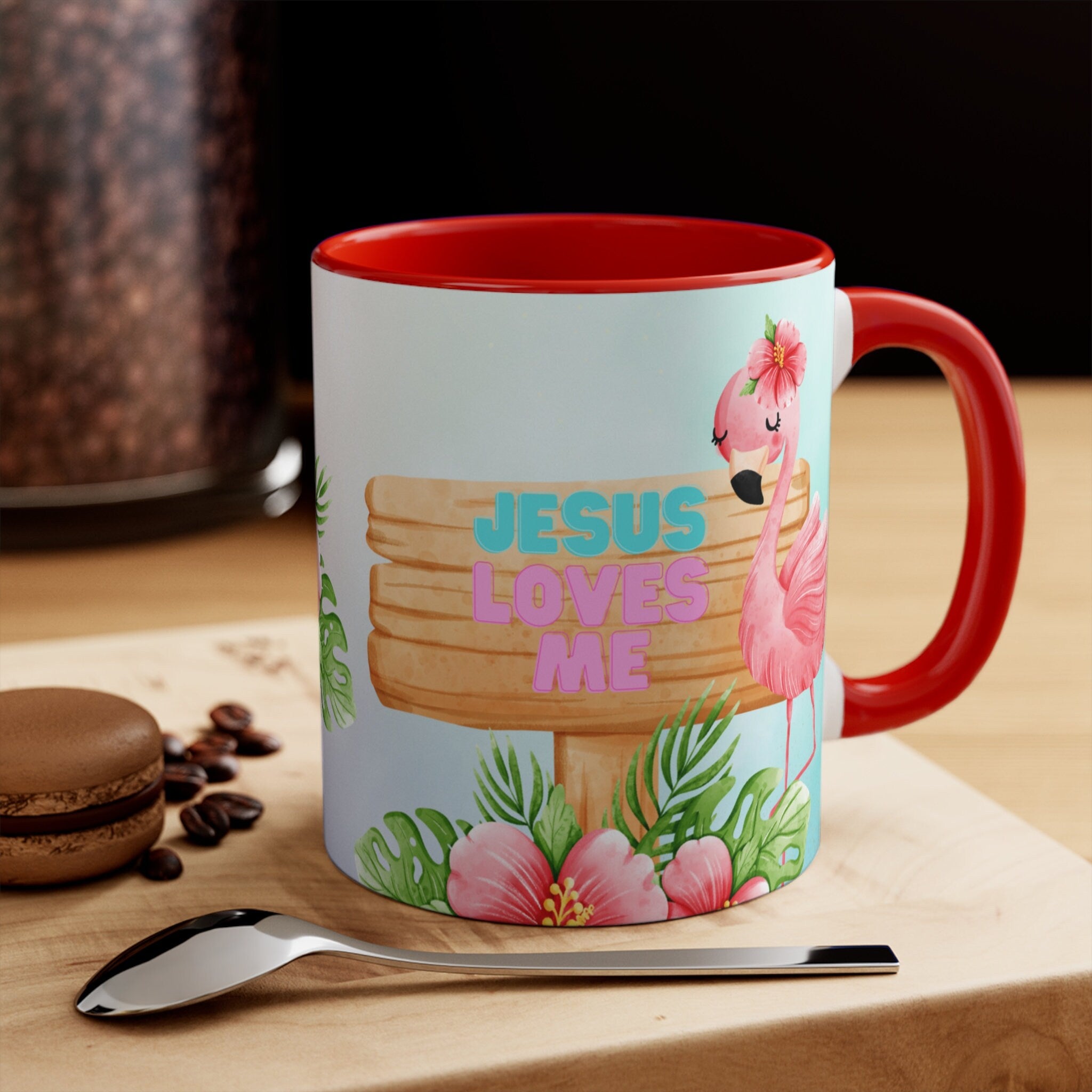 Jesus Loves Me -Flamingo Coffee Mug - 11oz {Navy Blue/Red/Pink/Green}