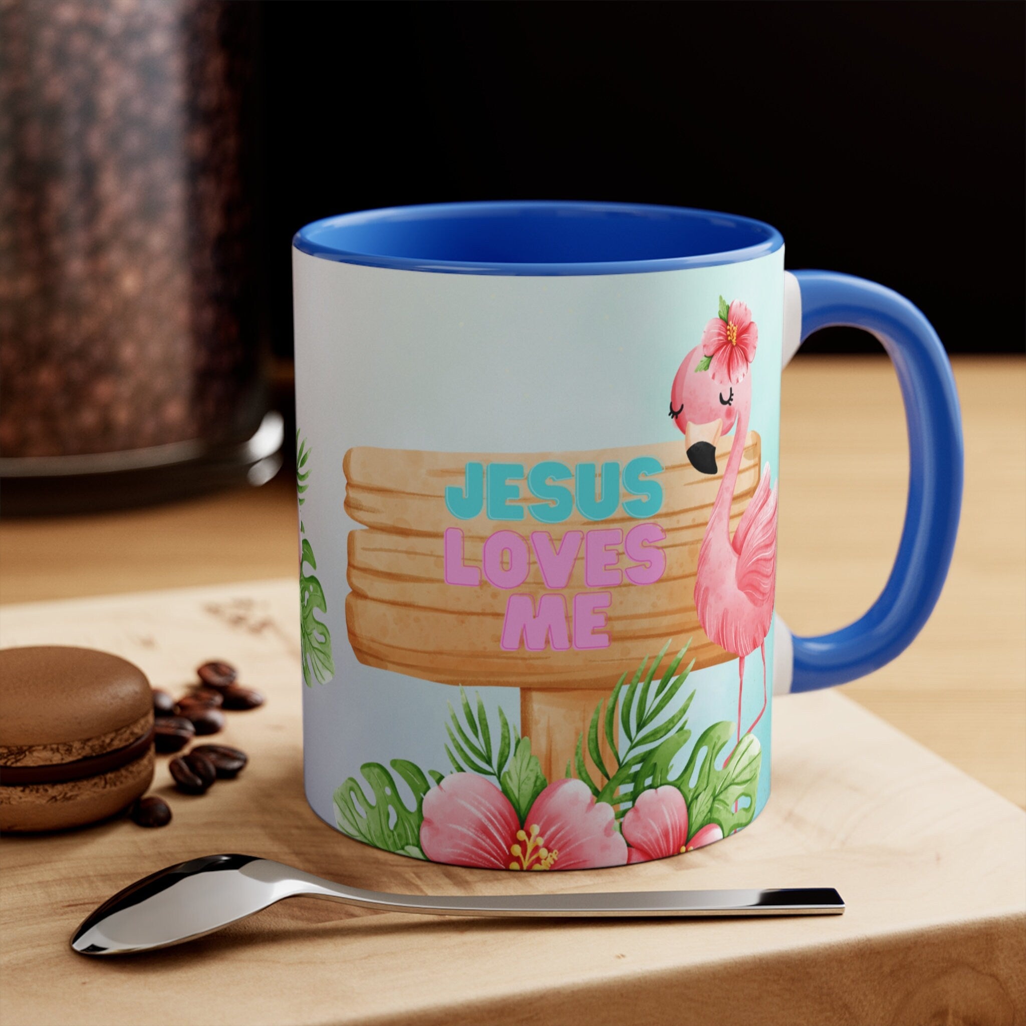 Jesus Loves Me -Flamingo Coffee Mug - 11oz {Navy Blue/Red/Pink/Green}