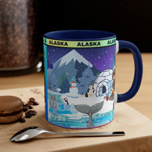 Load image into Gallery viewer, ALASKA  Coffee Mug, 11oz; Summer and Winter Alaskan Moose and Fishing Design
