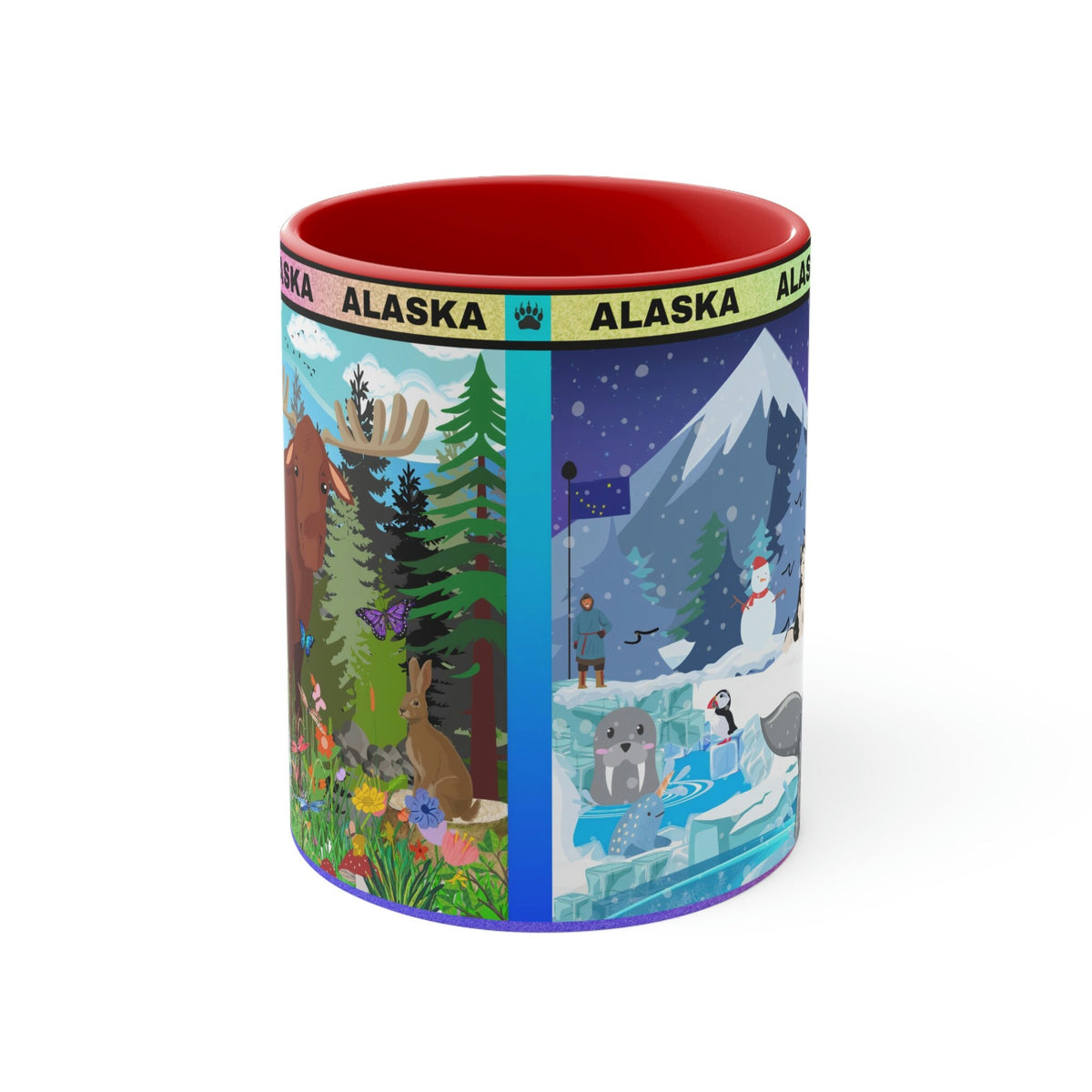 ALASKA  Coffee Mug, 11oz; Summer and Winter Alaskan Moose and Fishing Design
