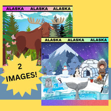 Load image into Gallery viewer, ALASKA  Coffee Mug, 11oz; Summer and Winter Alaskan Moose and Fishing Design
