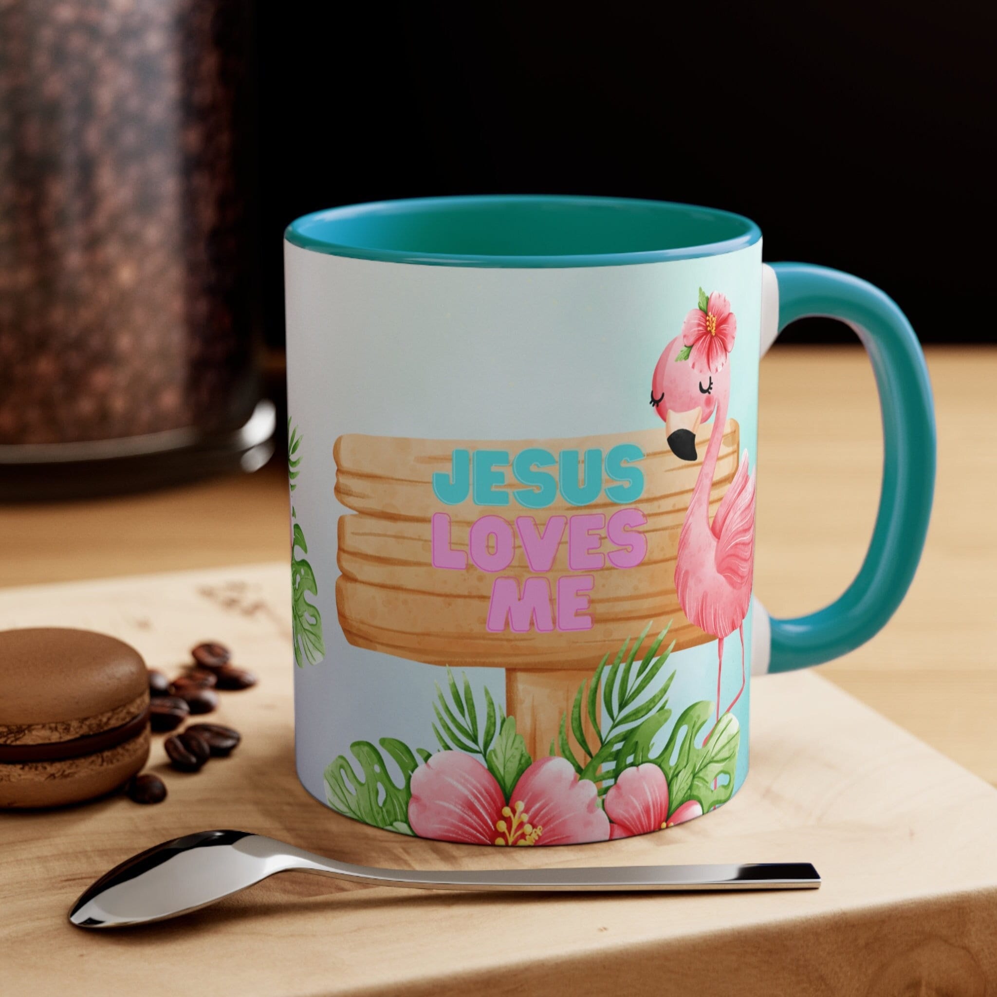 Jesus Loves Me -Flamingo Coffee Mug - 11oz {Navy Blue/Red/Pink/Green}