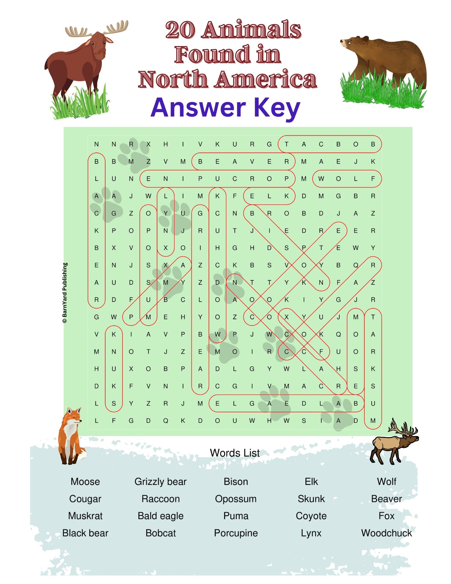 Printable Word Find - 20 Animals Found in North America ,  1 Color Puzzle,  1 Answer Key - 8.5" x 11" - Fun Education Printables