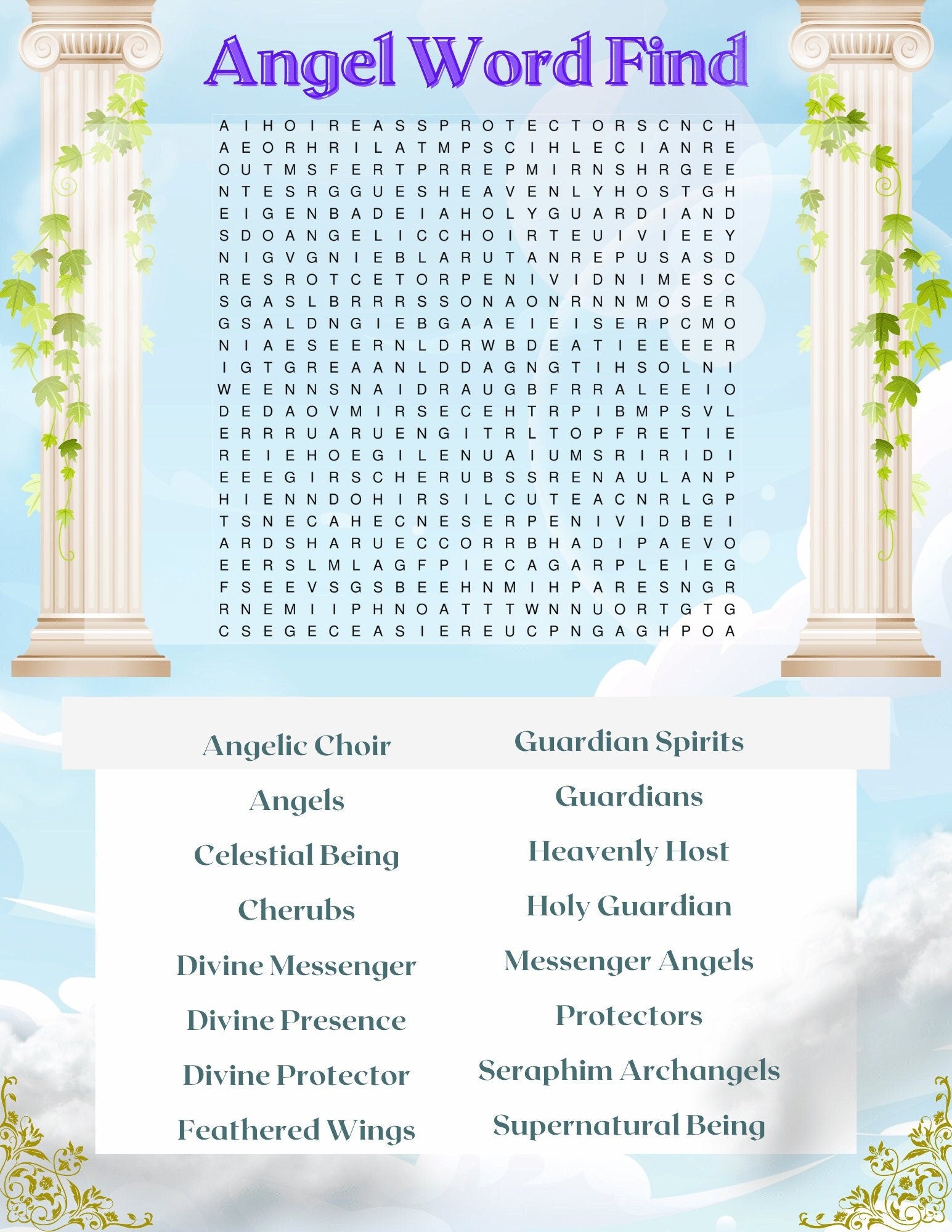 1 Printable "Angel" Word Search   - 8.5" x 11" - 1 Puzzle + 1 Answer Sheet
