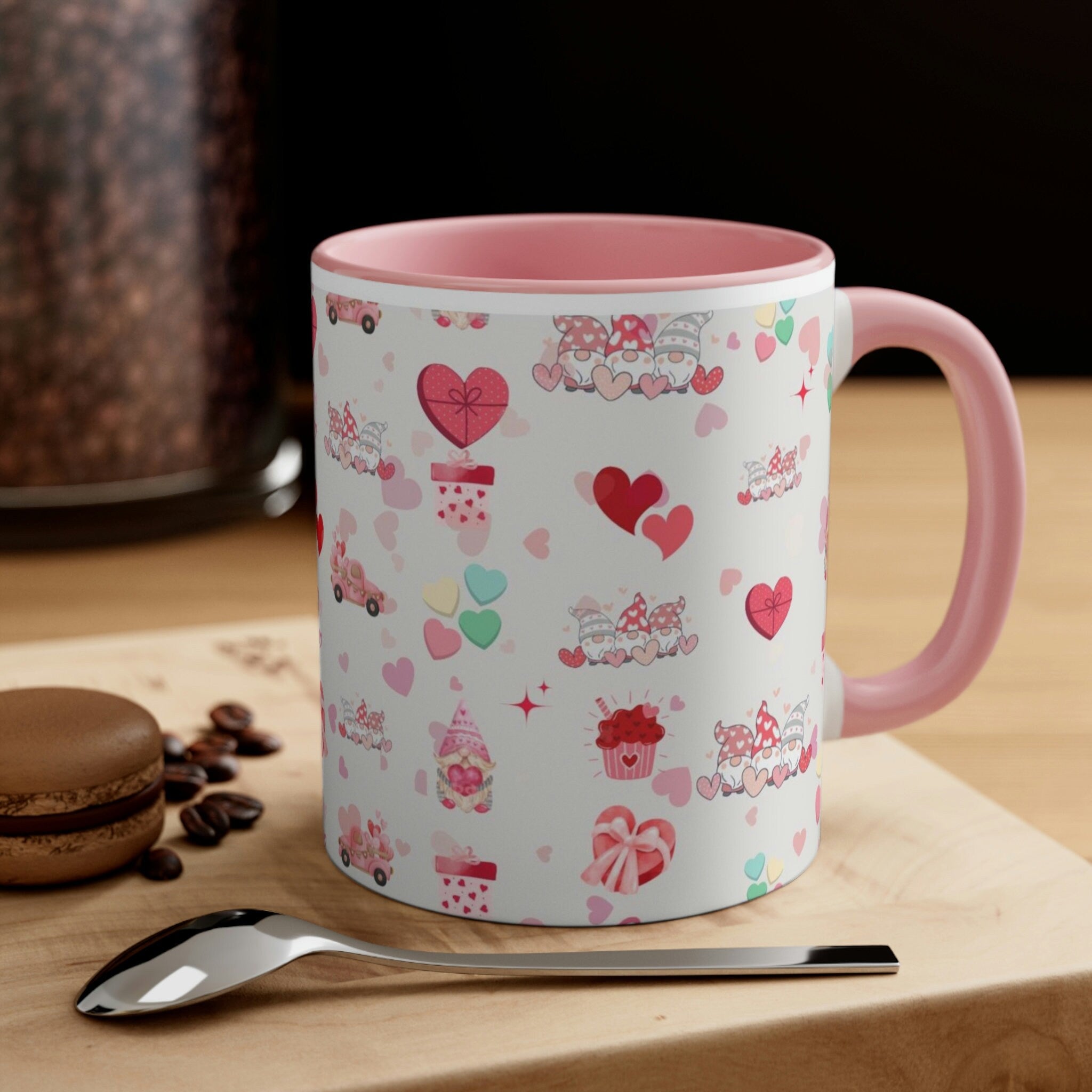 Valentines Day Gnomes and Candy , 11oz Ceramic Mug with Color interior