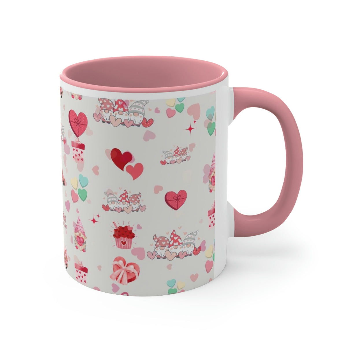 Valentines Day Gnomes and Candy , 11oz Ceramic Mug with Color interior